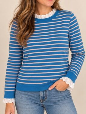 Boden Blue & Pink Striped Lace Trim Sweatshirt Top Size M